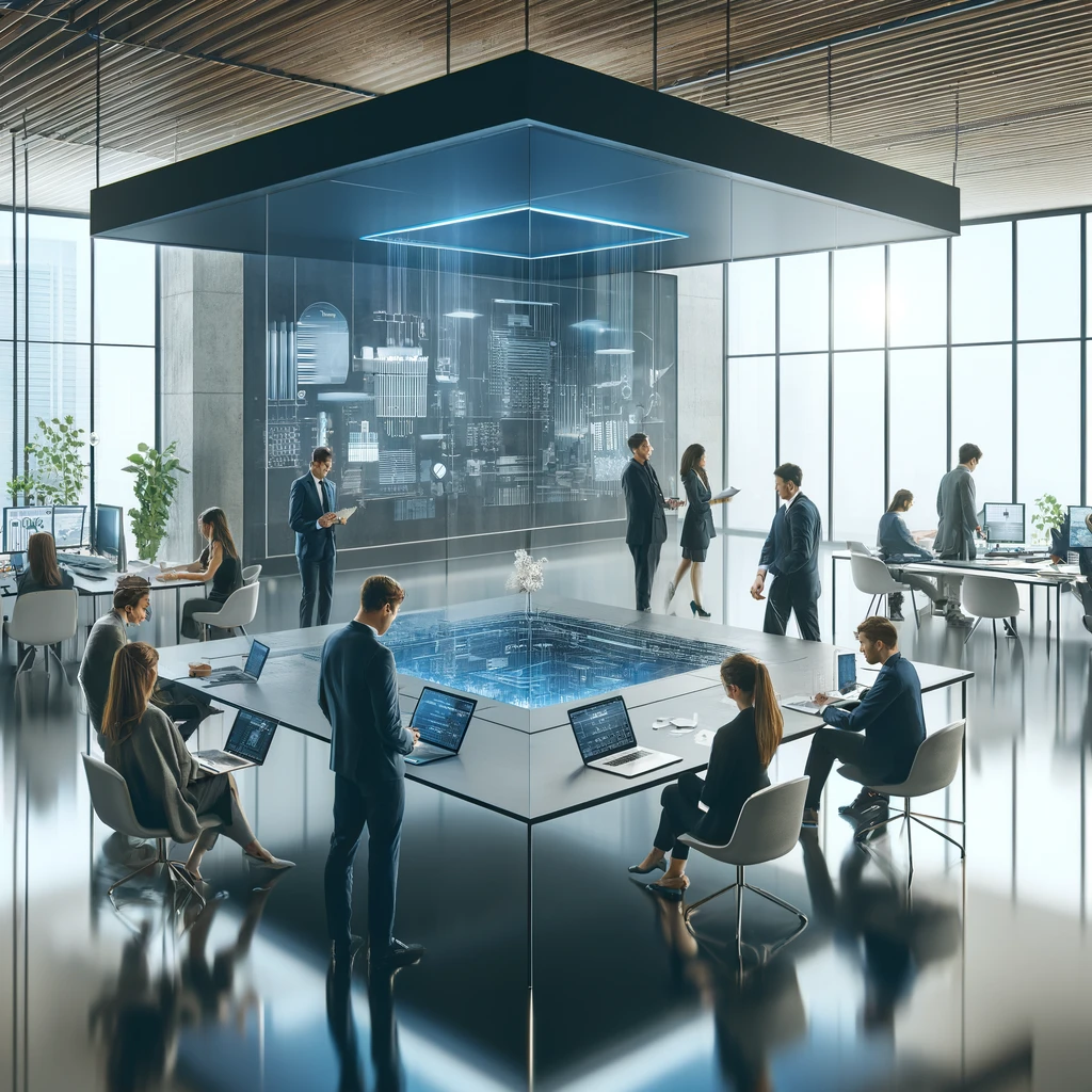 A dynamic and modern corporate office environment illustrating the concept of IT outsourcing. The image should feature a diverse group of professional