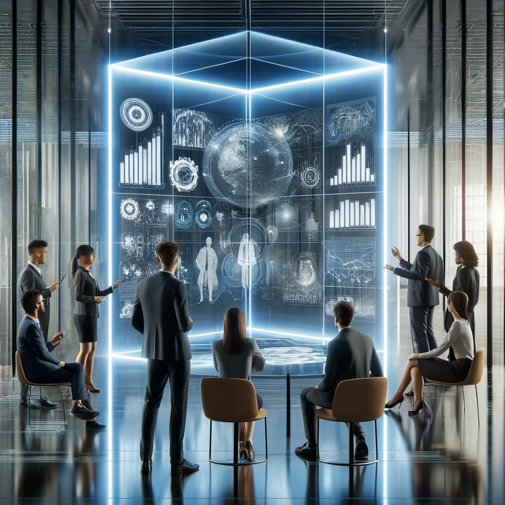 Here is the digital illustration that represents the concept of data democratization in a business environment. It features a diverse group of professionals gathered around a glowing digital screen, set in a sleek, high-tech office. The atmosphere emphasizes collaboration and inclusivity.