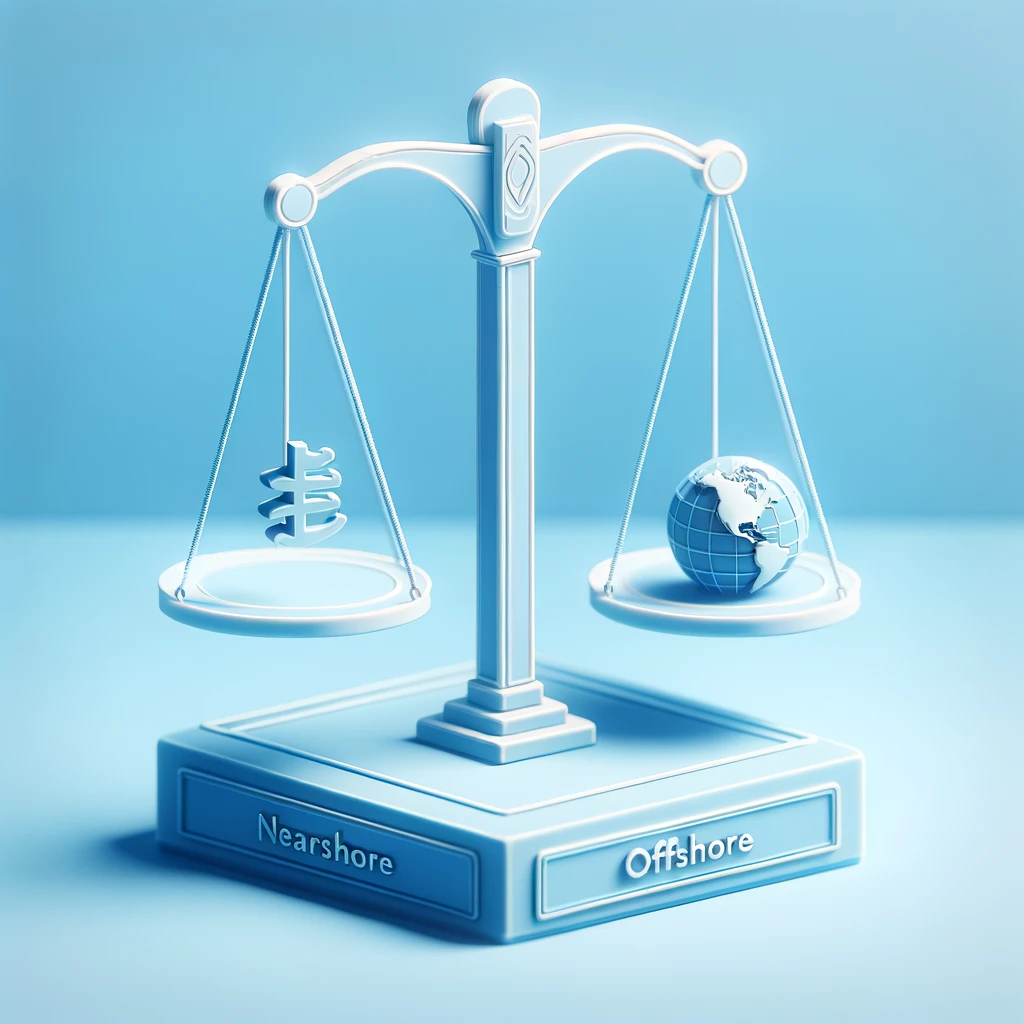 Minimalist illustration of a traditional balance scale in blue tones, featuring the words 'Nearshore' and 'Offshore' on each pan, accompanied by an icon of a North American map and a globe, respectively. The design conveys a theme of digitalization